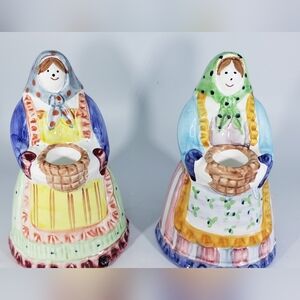 Pier One Ceramic Peasant Women Candlestick Holders